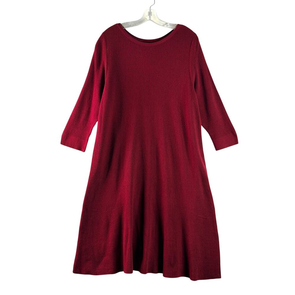 J. Jill 3/4 Sleeve Knit Midi Swing Dress Burgundy Cotton Blend Womens XL